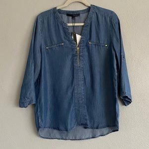 Harve Benard Denim Top Womens Size Small Blue 100% Tencel Roll Tab Sleeves